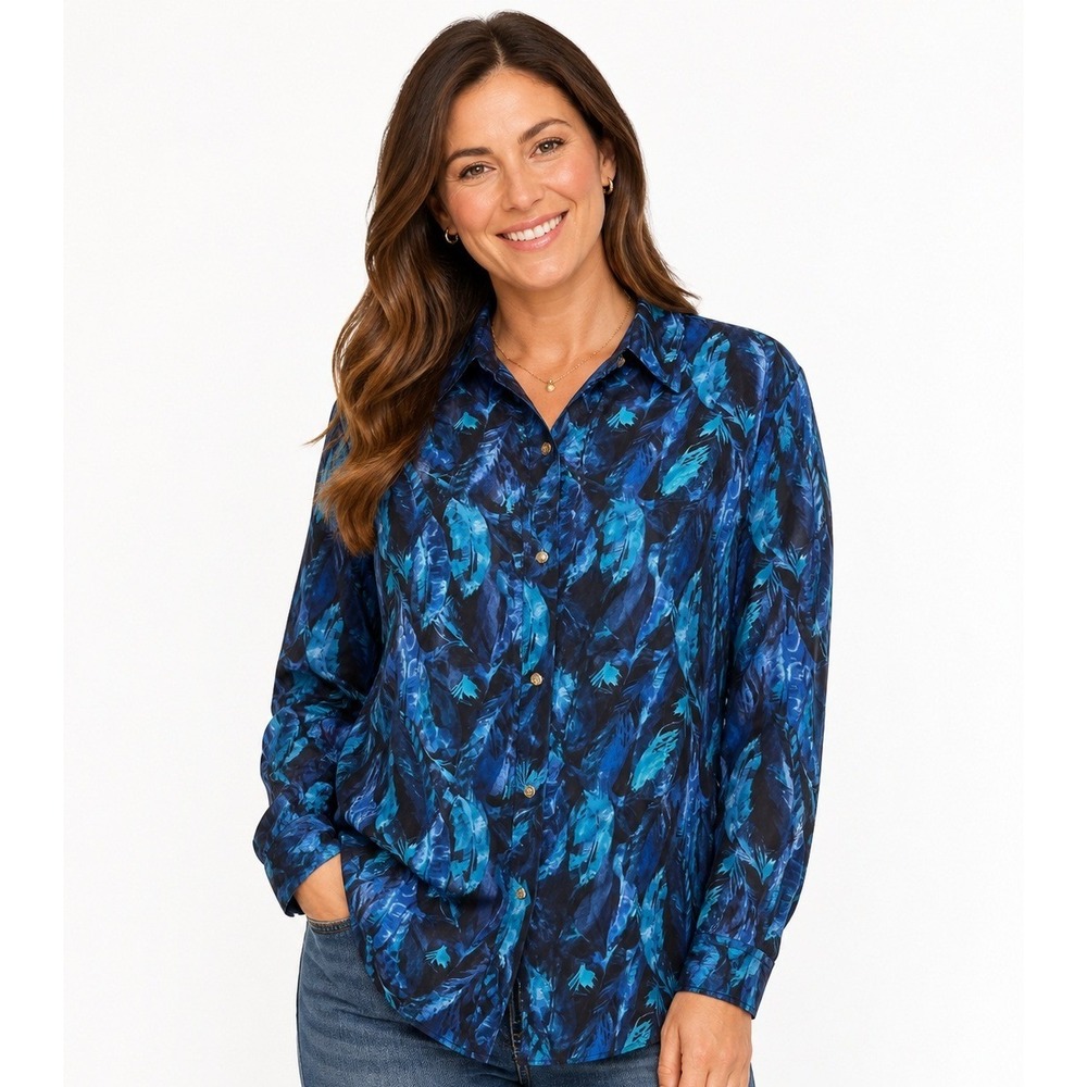 New York & Company Button Down Shirt Women Medium Blue Teal Tropical Leaf‎ Print